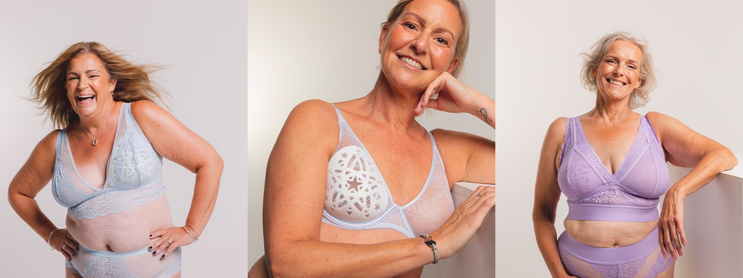 Woman who has had a mastectomy wearing a prosthesis and bra
