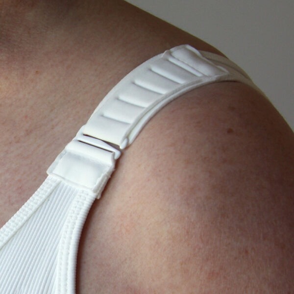 Mastectomy bralette in white shoulder strap
